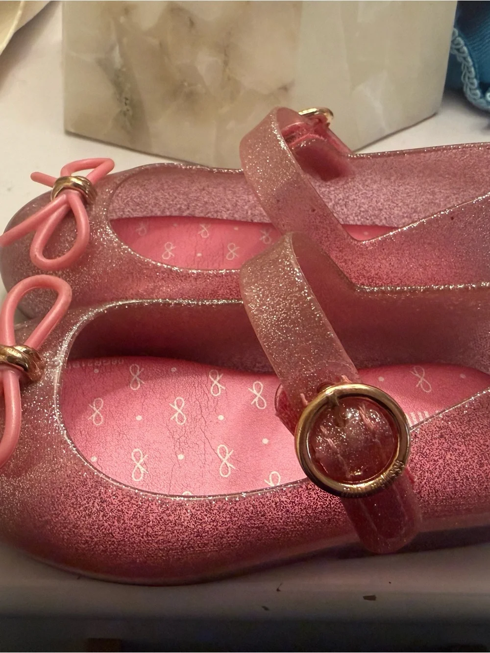 Mini Melissa Girls' Glitter Pink Mary Janes with Bow Accent